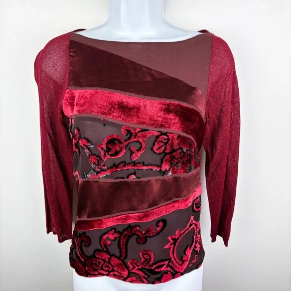 Kay Unger Vintage Velvet Mesh Baroque Maroon Red Stretch Blouse Top Whimsigoth - Picture 3 of 7